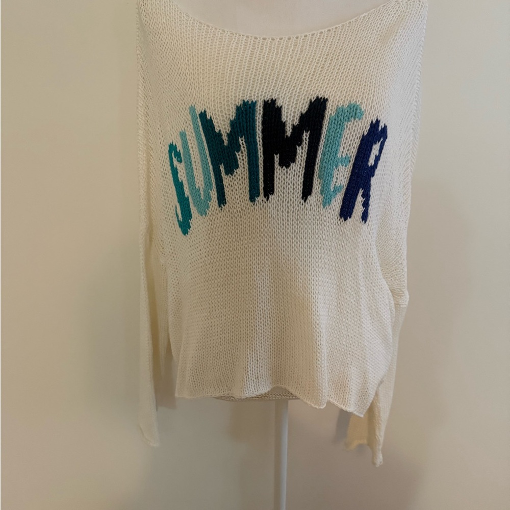 Wooden Ships Open Knit White Aqua Teal Blue Summer Graphic Sweater M/L beachy